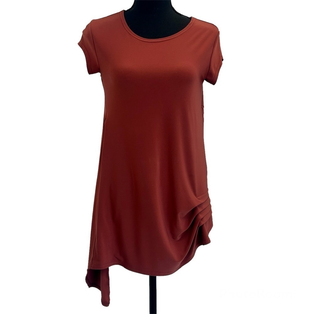 SYMPLI asymmetrical ruched short sleeve blouse top Sz 4